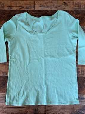 Eileen Fisher Organic Cotton Top Small Mint Green 3/4 Sleeve Scoop Neck Tee